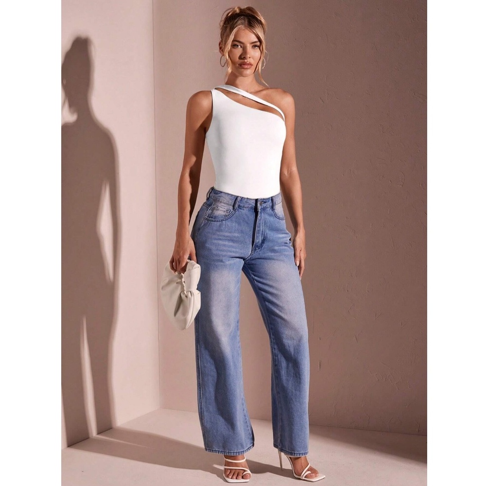 Casual White Slim Fit One Shoulder Keyhole Strap Asymmetrical - Picture 6 of 7